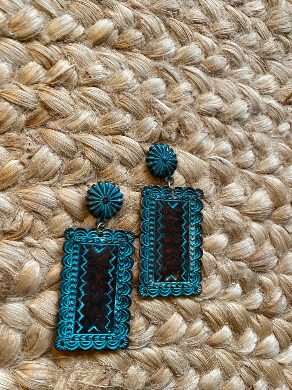 Turquoise Patina Filigree Rectangle Drop Metal Earrings - Picture 3 of 3